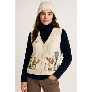 Merry & Bright Embroidered Nativity Christmas Sweater Vest Size M Baby Jesus